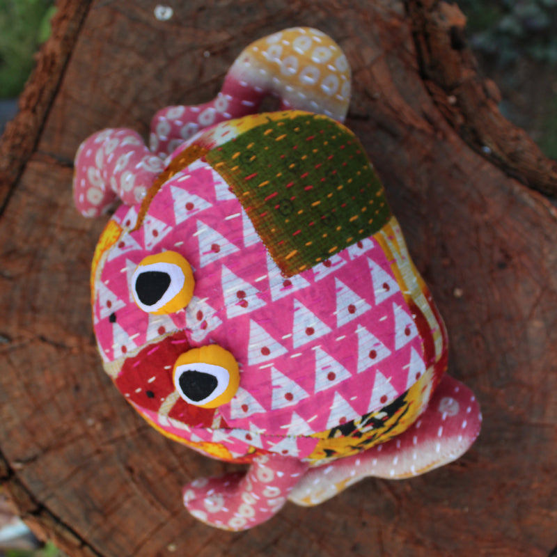 Frog plush toy - Upcycled plush toy with kantha stitch