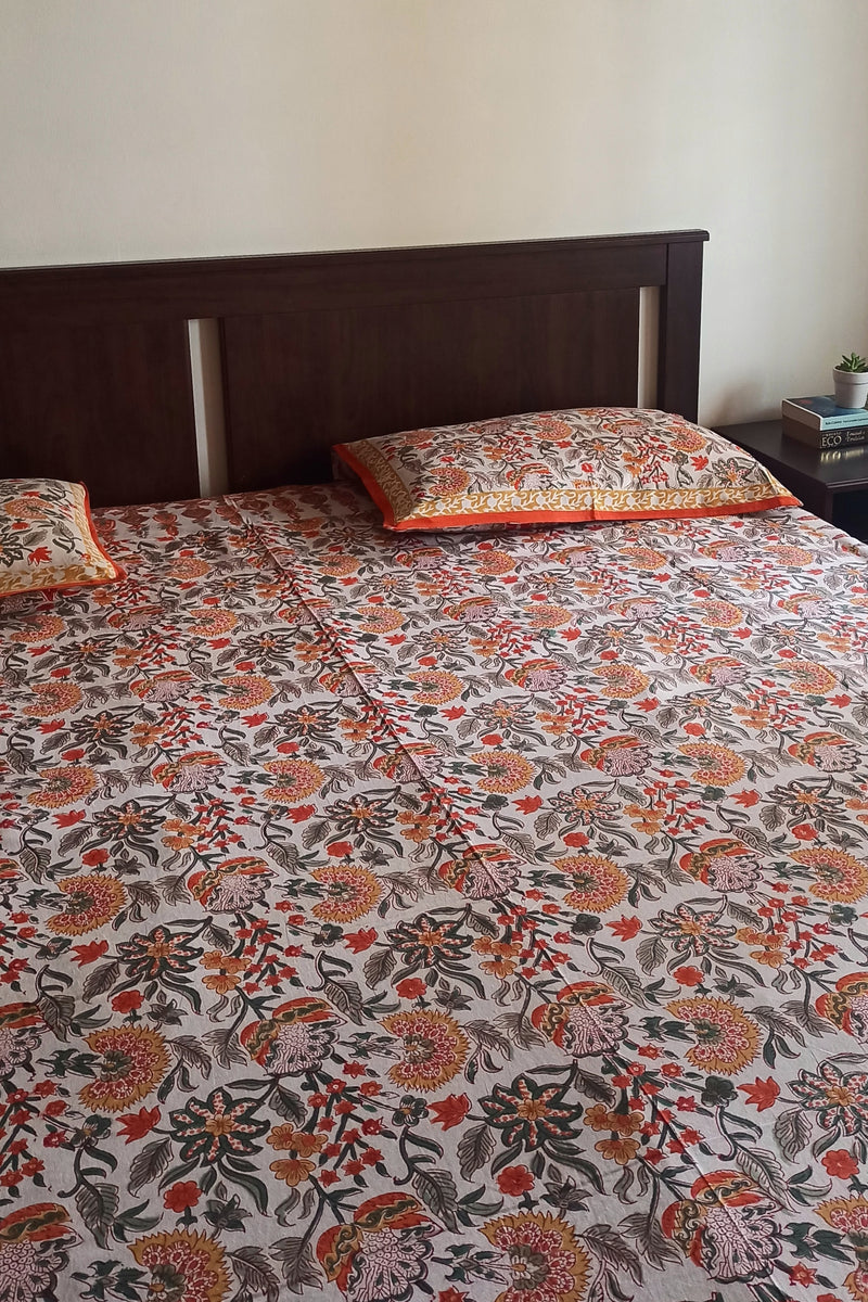 Handblock Printed Double Bedsheet - White and Orange