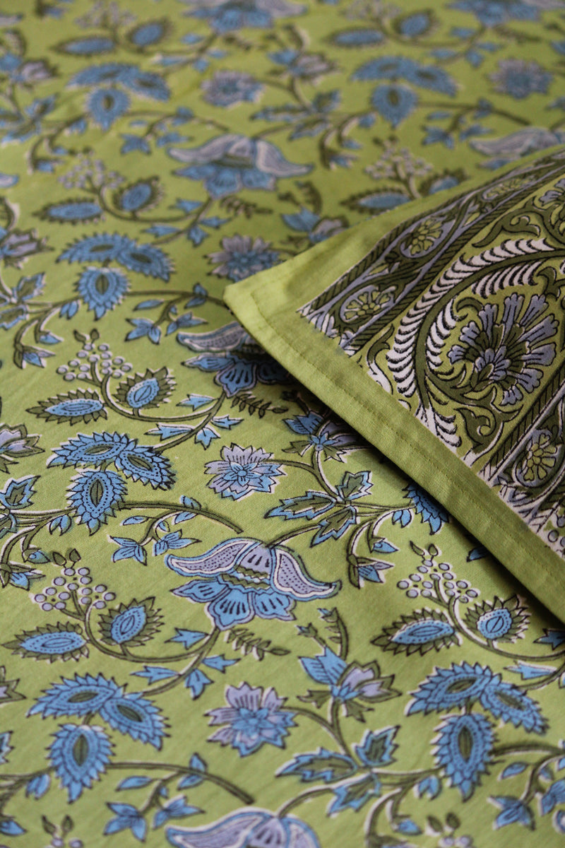 Handblock Printed Double Bedsheet - Green(B)