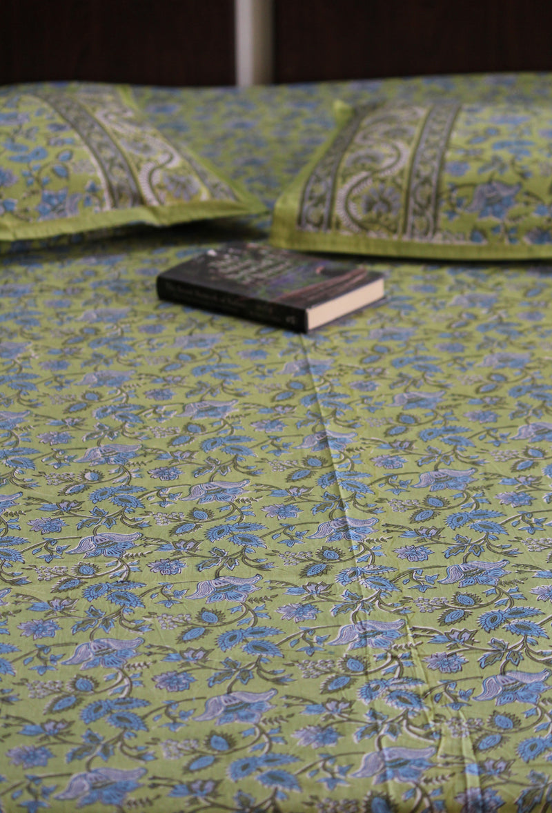 Handblock Printed Double Bedsheet - Green(B)