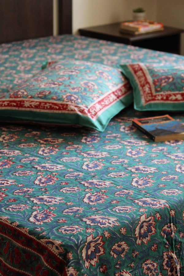 Handblock Printed Double Bedsheet - Blue and Pink
