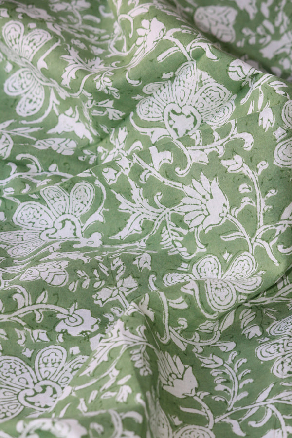 Handblock Printed Fabric - Green and White