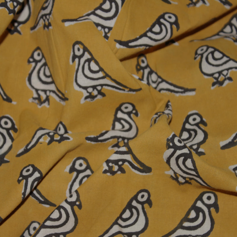 Summer Birds Handblock Printed Fabric - Mustard