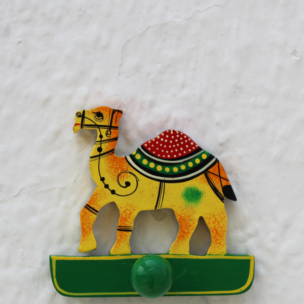 Handpainted Wooden Wall Hook from Varanasi - Green Camel