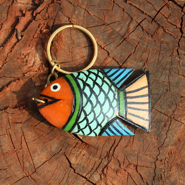 Wooden keychain handpainted by Patua artist - Light blue fish