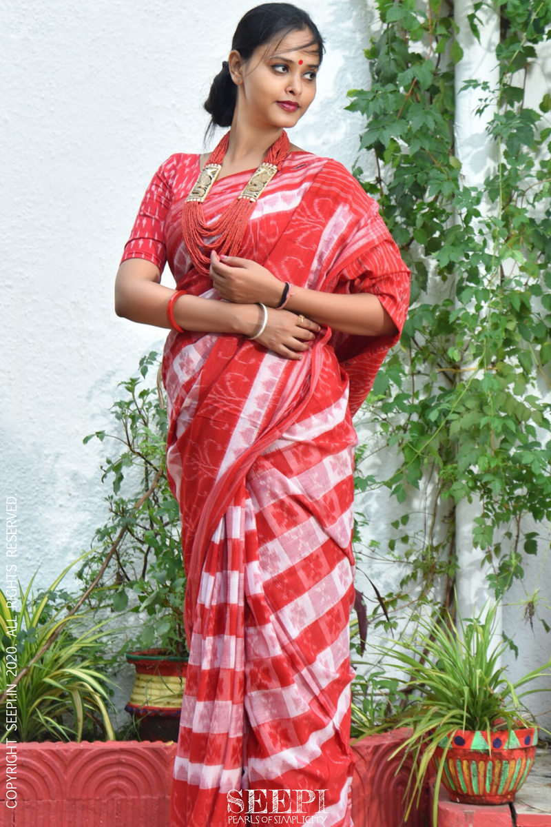 red and white sambalpuri ikat saree from Orissa