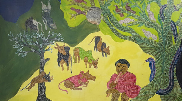 A Gond Artist painting a wall