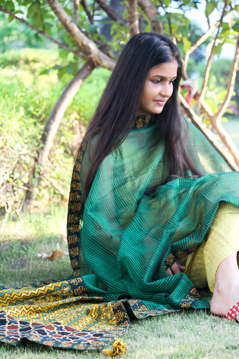 Patchwork Dupatta - Green and Yellow