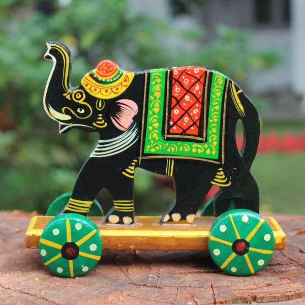 Handpainted Wooden Push along Toy from Varanasi - Elephant