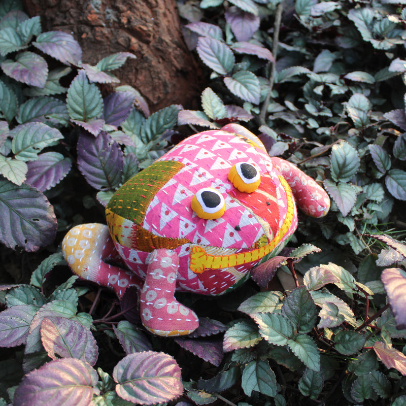 Frog plush toy - Upcycled plush toy with kantha embroidery