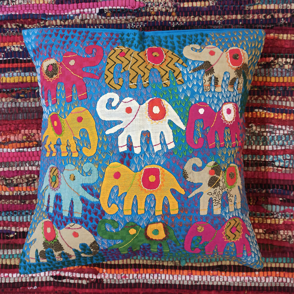 Applique Work Cushion Cover - Elephants