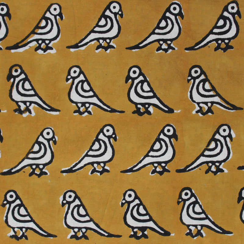 Summer Birds Handblock Printed Fabric - Mustard