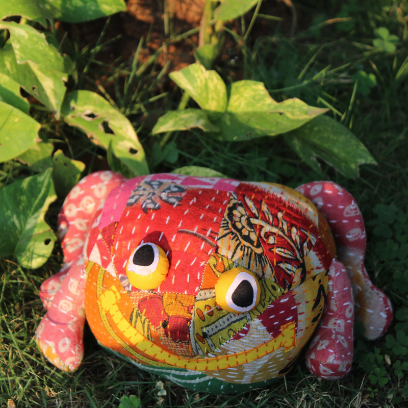 Frog - Upcycled plush toy with kantha embroidery