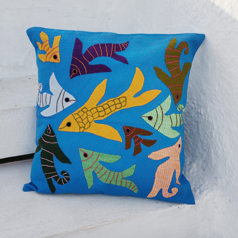 Applique work Cushion Cover - Fishes - Blue