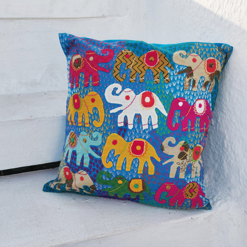 Applique work Cushion Cover - Blue - Elephants