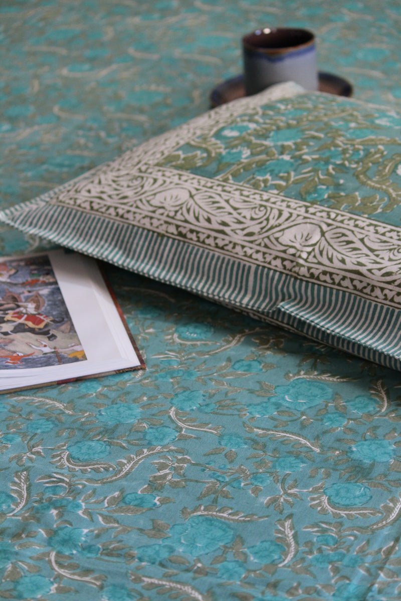 Handblock Printed Double Bedsheet - Green and Blue