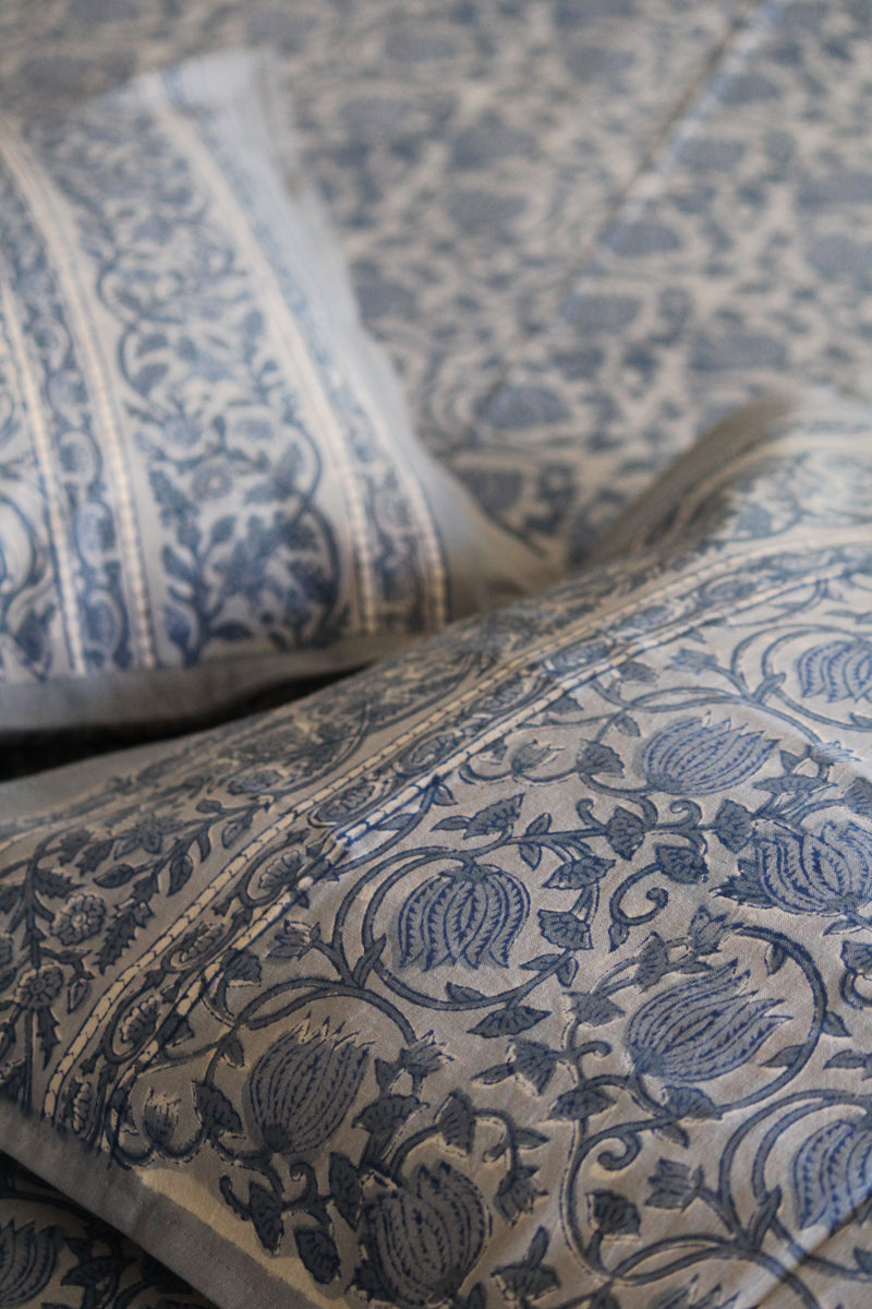Handblock Printed Double Bedsheet - Light Blue