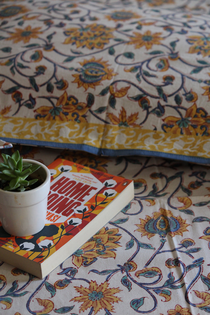 Handblock Printed Double Bedsheet - Blue and White