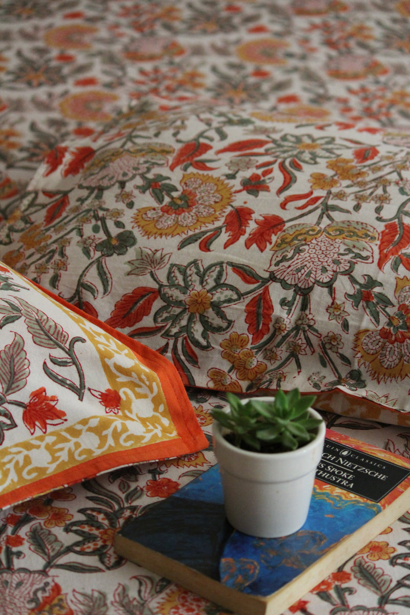 Handblock Printed Double Bedsheet - White and Orange