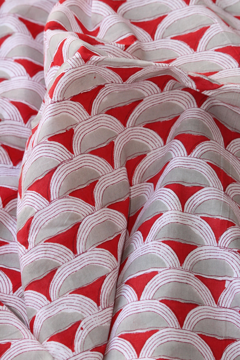 Handblock Printed Fabric - Red and Grey