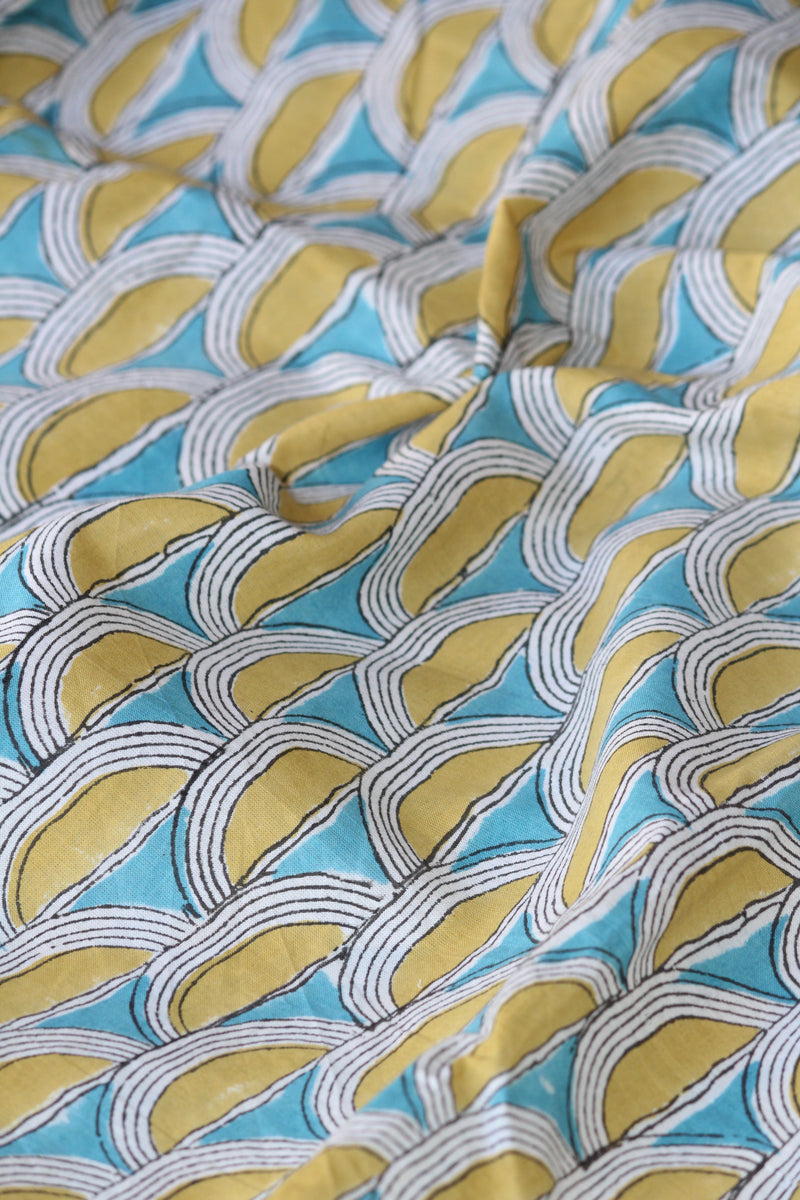 Handblock Printed Fabric - Mustard and Blue