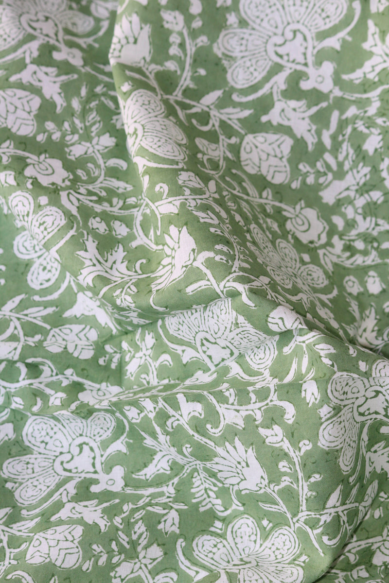Handblock Printed Fabric - Green and White