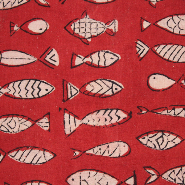 Fishbowl Handblock Printed Fabric - Red (2 metres cut piece)