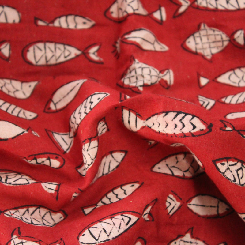 Fishbowl Handblock Printed Fabric - Red (2 metres cut piece)