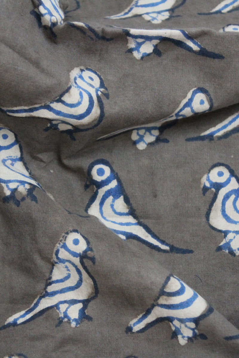 Summer Birds Handblock Printed Fabric - Grey (2.5 metres cut piece)