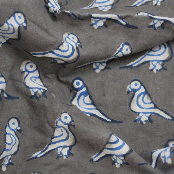 Summer Birds Handblock Printed Fabric - Grey (2.5 metres cut piece)