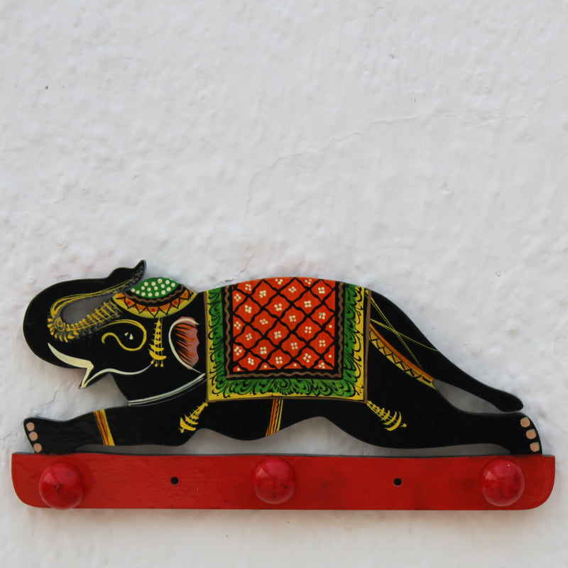Handpainted Wooden Wall Hook from Varanasi- Black Elephant
