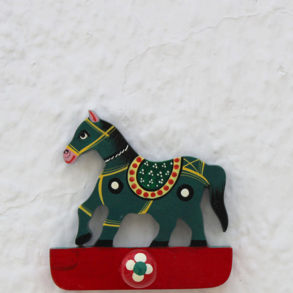 Handpainted Wooden Wall Hook from Varanasi - Green Horse
