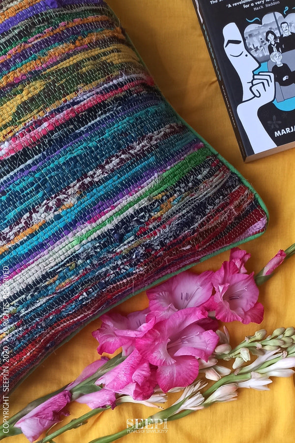 Multicoloured Chindi Cushion Cover - C