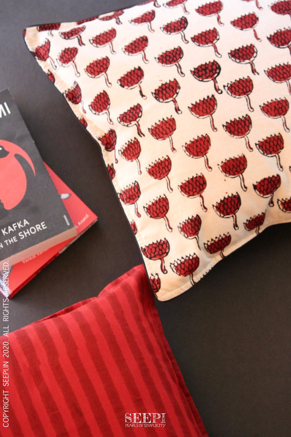Block Printed Cushion Cover - Red and Off White(B)