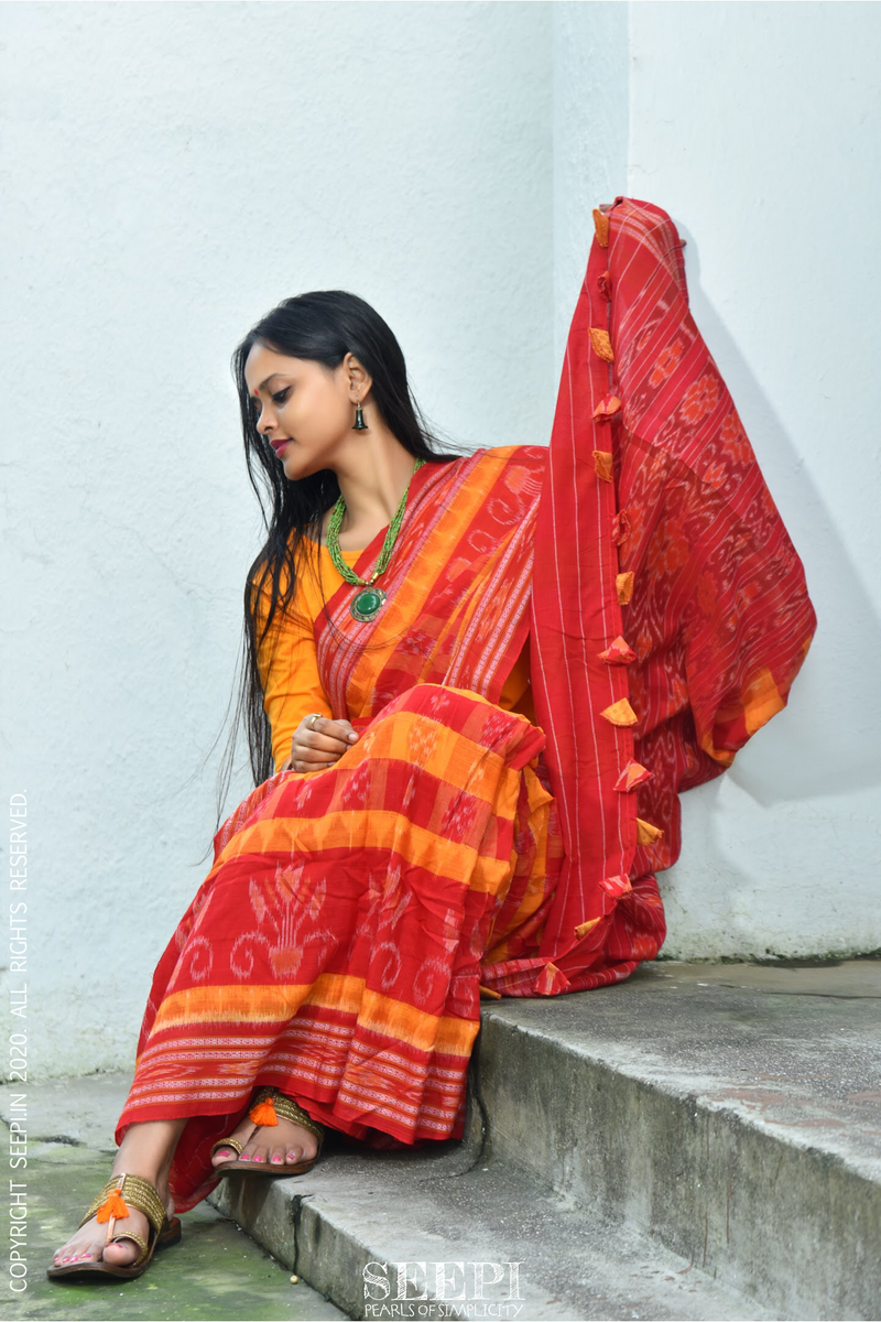 Red and Orange Sambalpuri Ikat Saree from Orissa